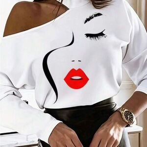 White Off-Shoulder Graphic T-shirt Asymmetric